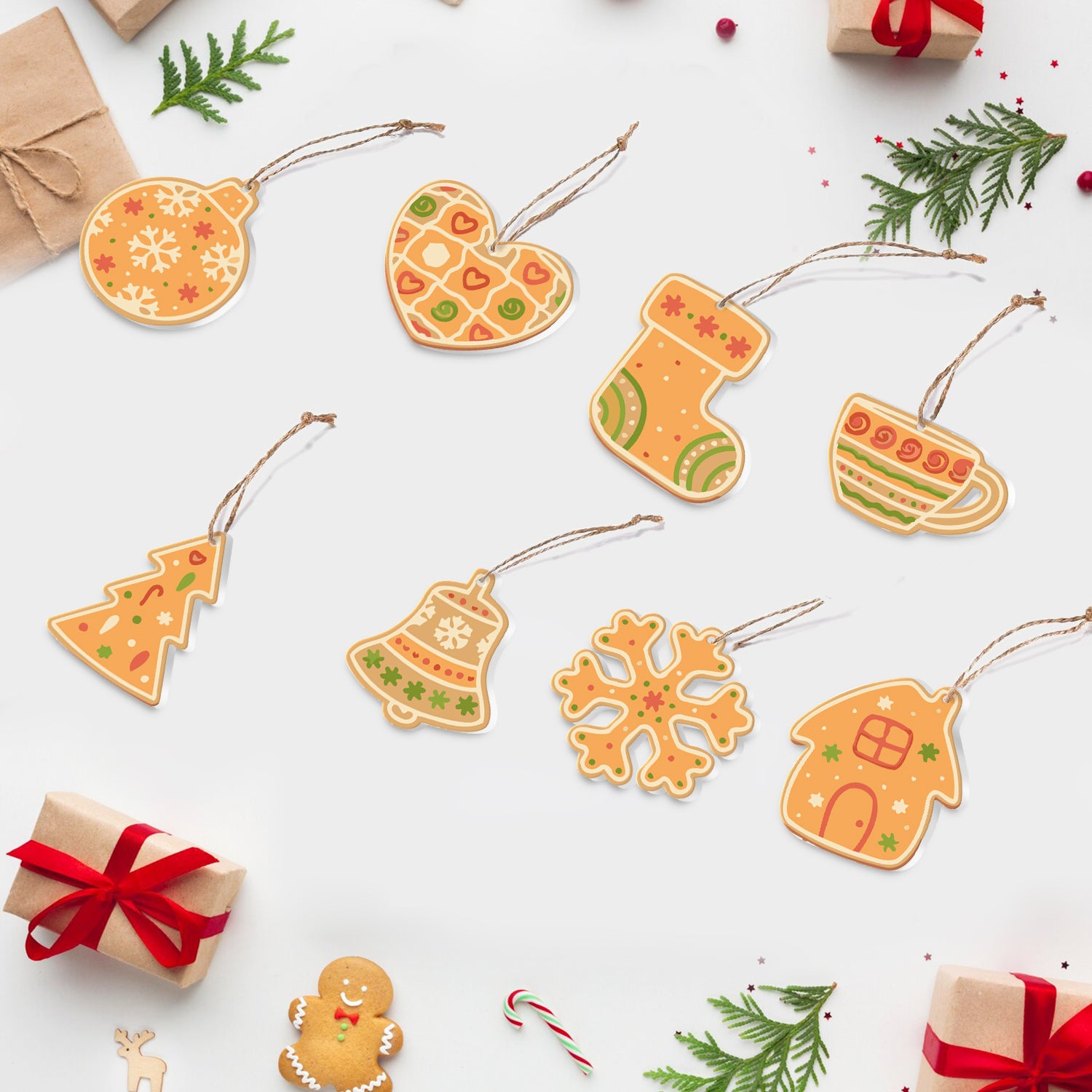 Decorative Christmas ornaments shaped like gingerbread cookies on a white background with small gifts and candy canes.