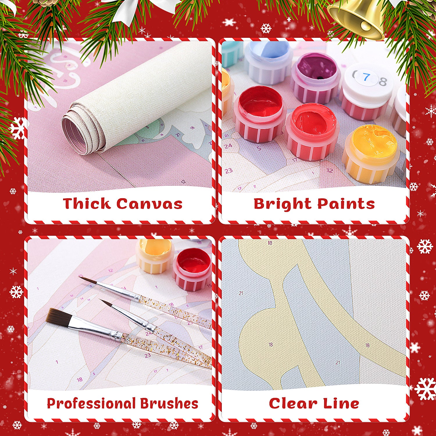 Collage of art supplies including thick canvas, bright paints, professional brushes, and clear line paper on a festive background.