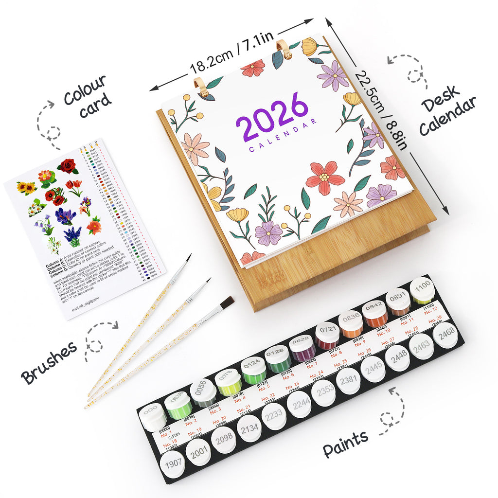 Painting set with a 2026 calendar, color card, brushes, and paint set on a white background.