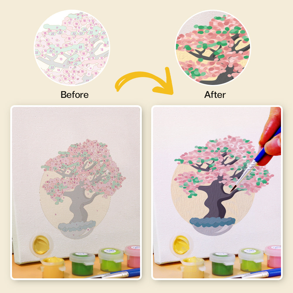 Completed Eternal Bonsai mini paint by numbers artwork on desk