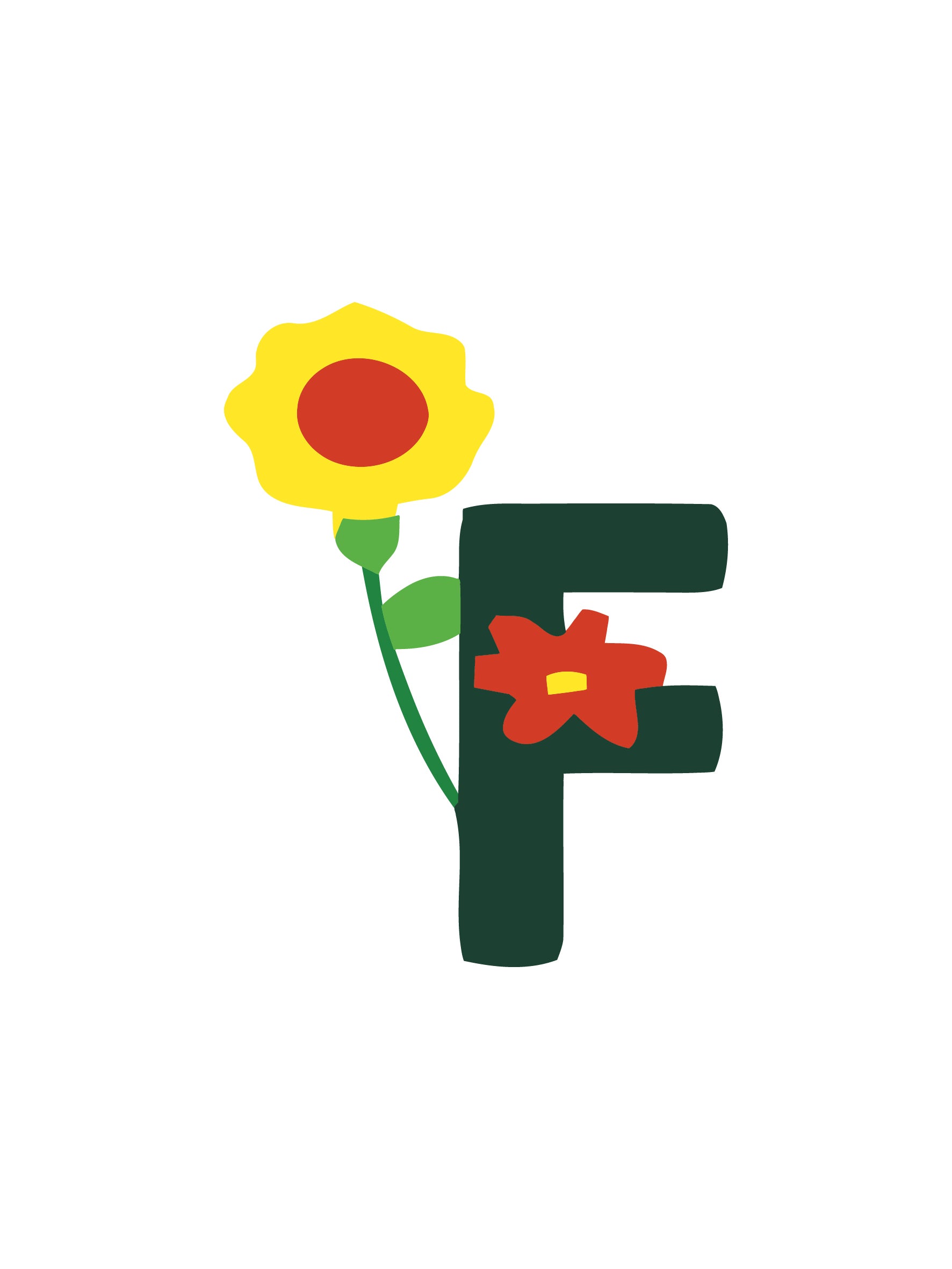 Letter 'F' with a yellow flower and red flower on a white background