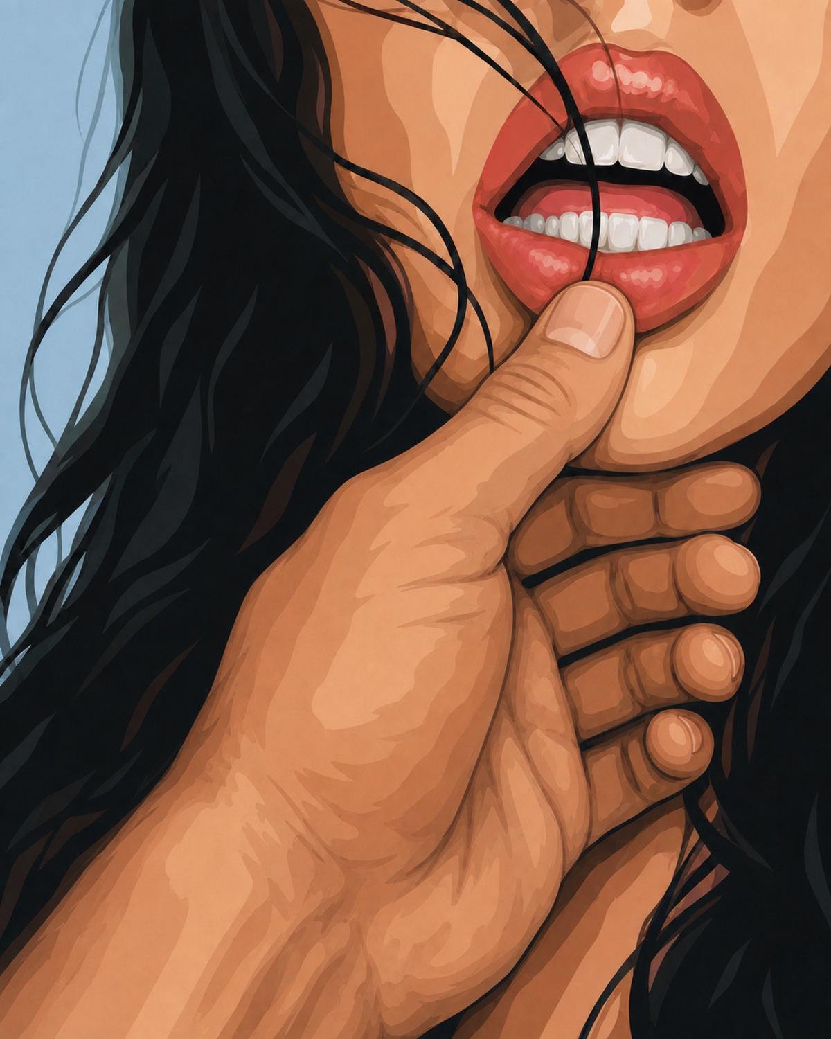 A close-up of red lips and dark hair with a hand touching the lower lip and chin.