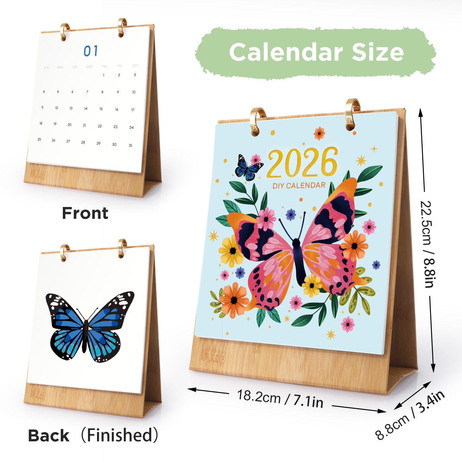 Calendar with butterfly design, front and back views, and dimensions on a white background