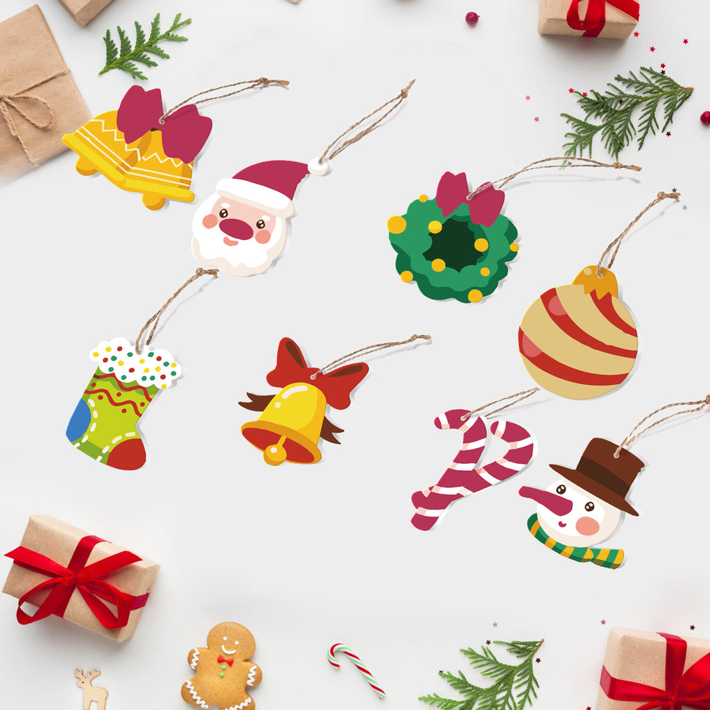 Collection of colorful Christmas-themed paper cutouts on a white background