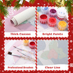 Collage of art supplies including thick canvas, bright paints, professional brushes, and clear line design on a festive background.