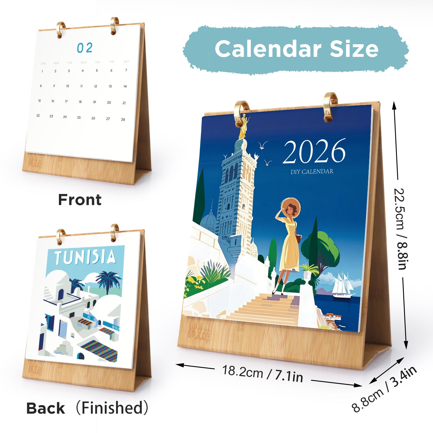 Calendar with illustration of a woman in a yellow dress standing on steps, with measurements and design details.