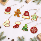 Collection of Christmas-themed ceramic ornaments on a white background with festive decorations.