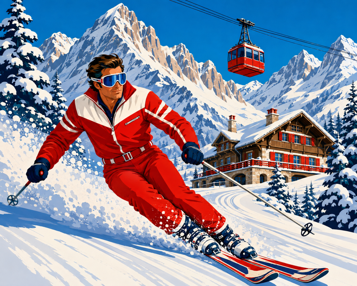 A skier in a red suit descending a snowy slope near an alpine chalet and cable car.