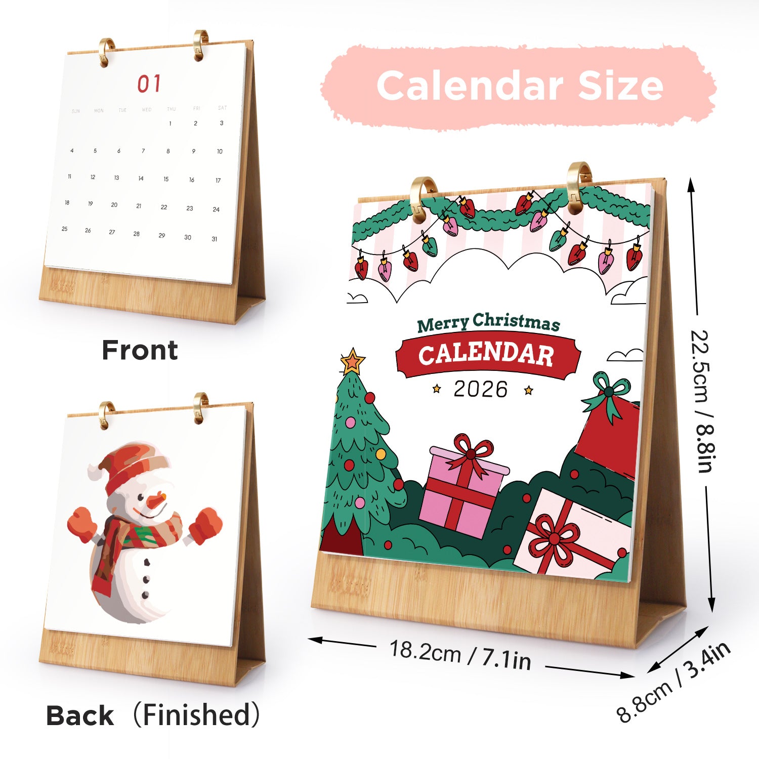 Christmas-themed calendar with front and back views, showing dimensions on a white background.