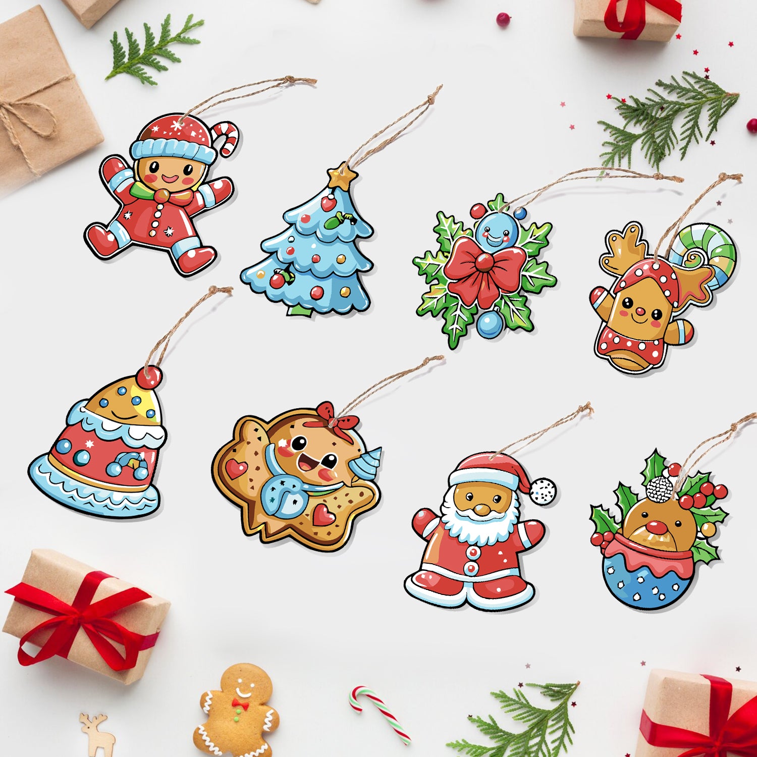 Coloridos adornos navideños sobre un fondo blanco con cajas de regalo y adornos.