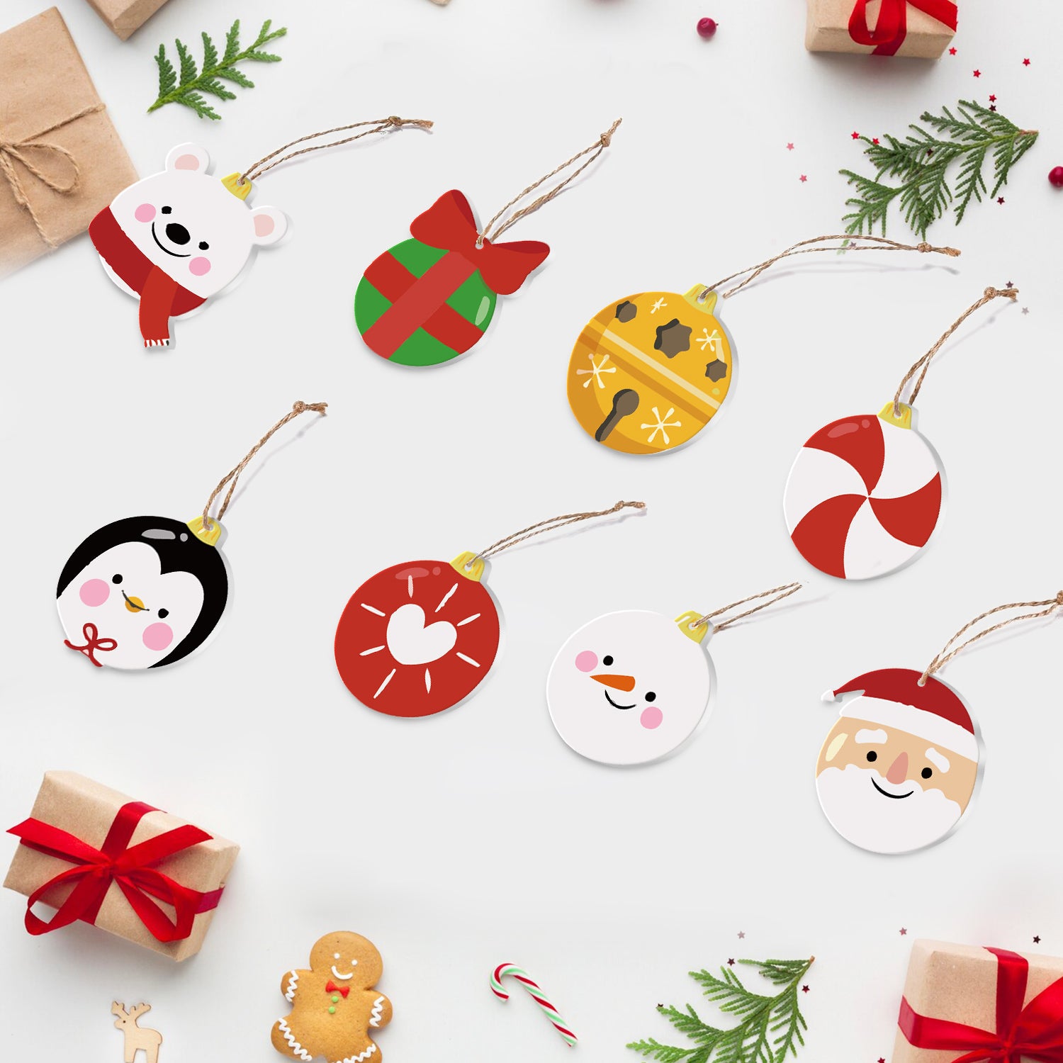 Collection of colorful Christmas ornaments on a white background with gift boxes and trees.