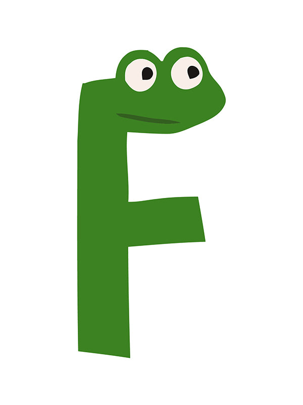 Green letter 'F' with a face on a white background