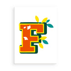 Colorful letter 'F' with floral elements on a white background