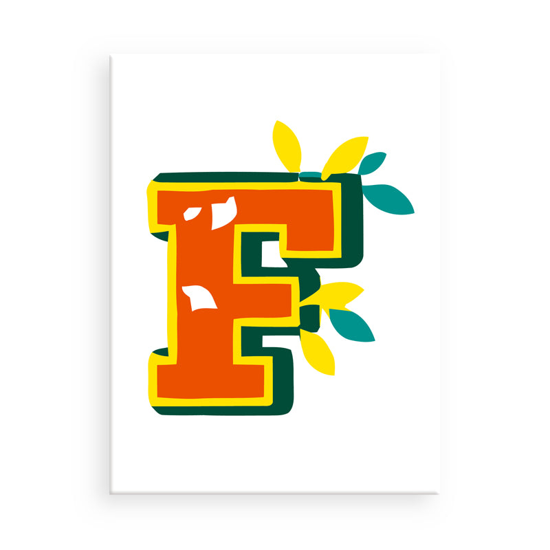 Colorful letter 'F' with floral elements on a white background