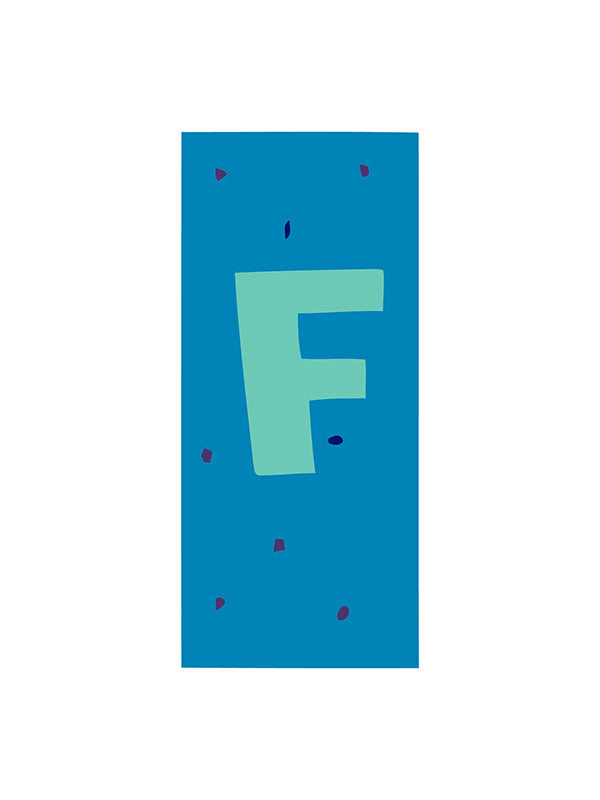 Blue rectangle with a green letter 'F' on a white background