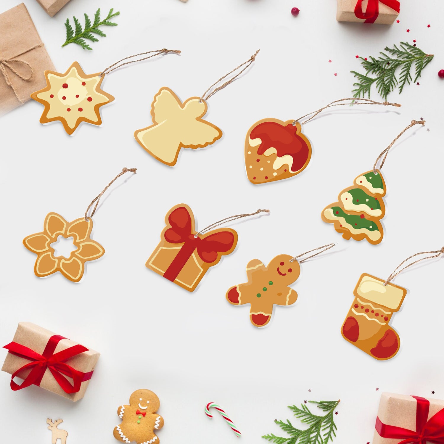 Colorful Christmas-themed cookie cutout ornaments on a white background