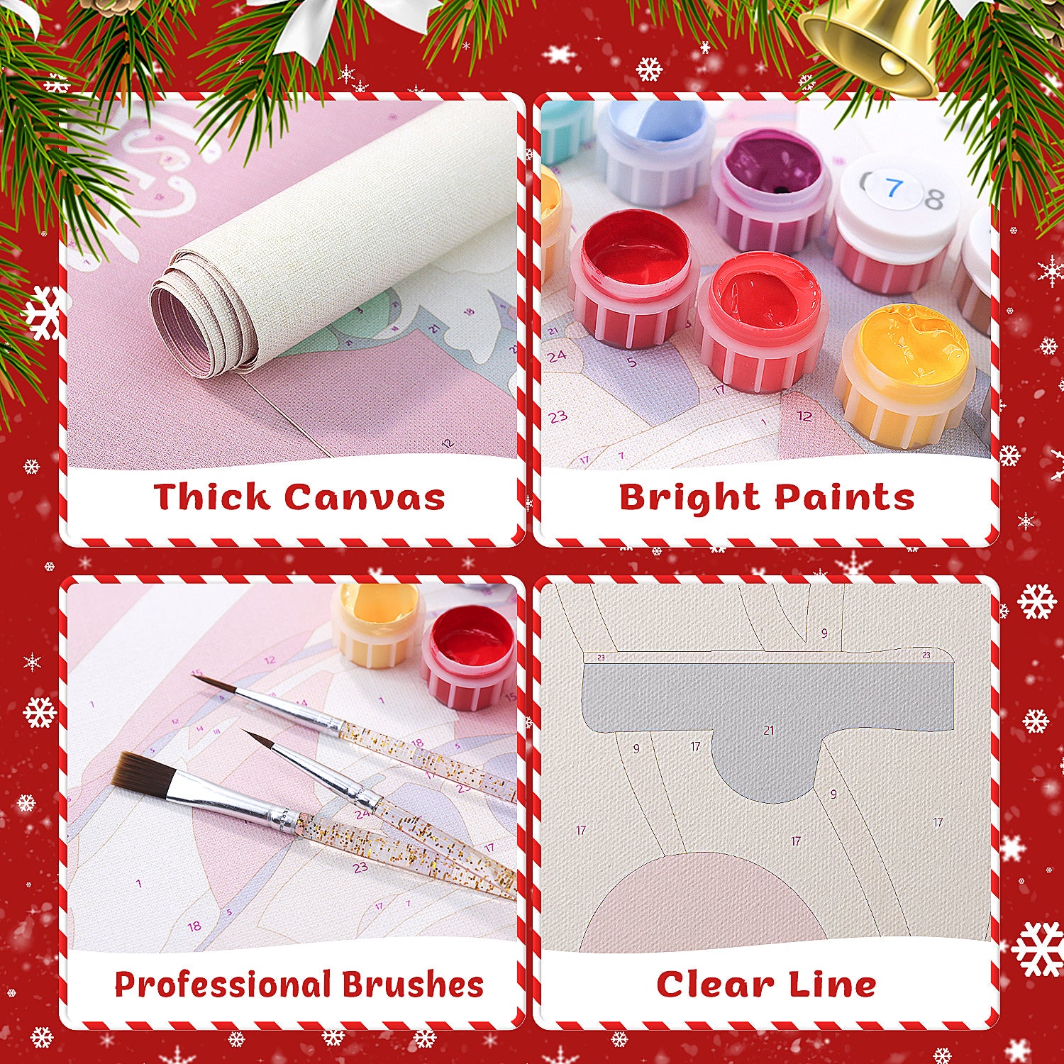 Art supplies including thick canvas, bright paints, professional brushes, and clear line tools on a festive background.