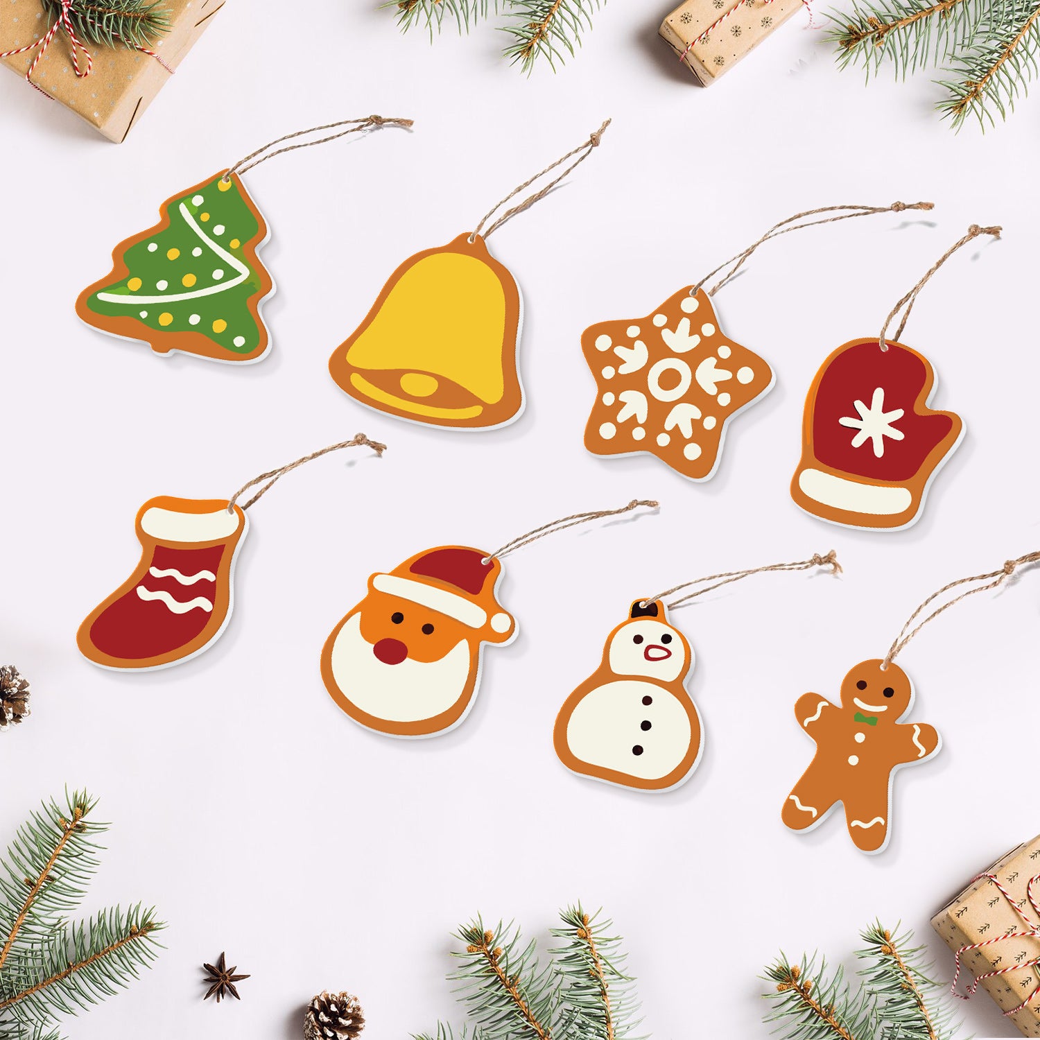 Set of colorful Christmas-themed ornaments on a white background with festive decorations.