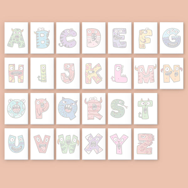 Alphabet letters with cartoon monster designs on a pink background
