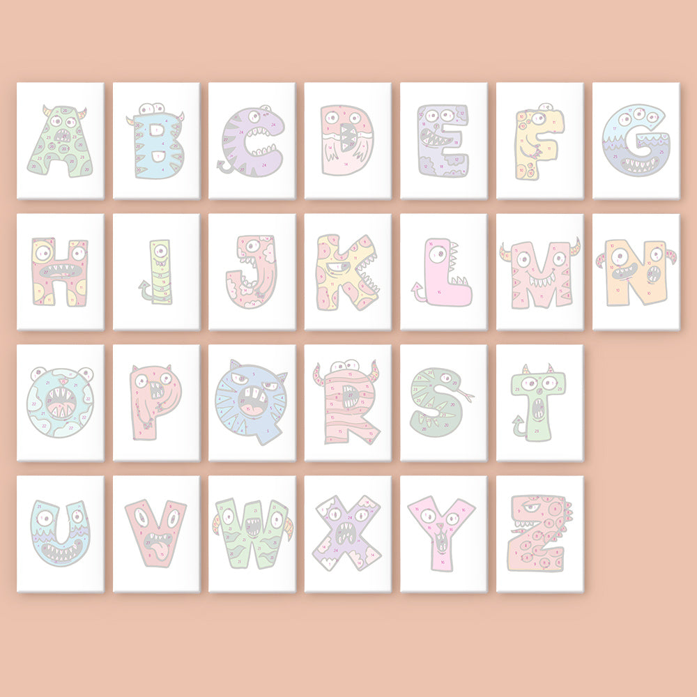 Alphabet letters with cartoon monster designs on a pink background