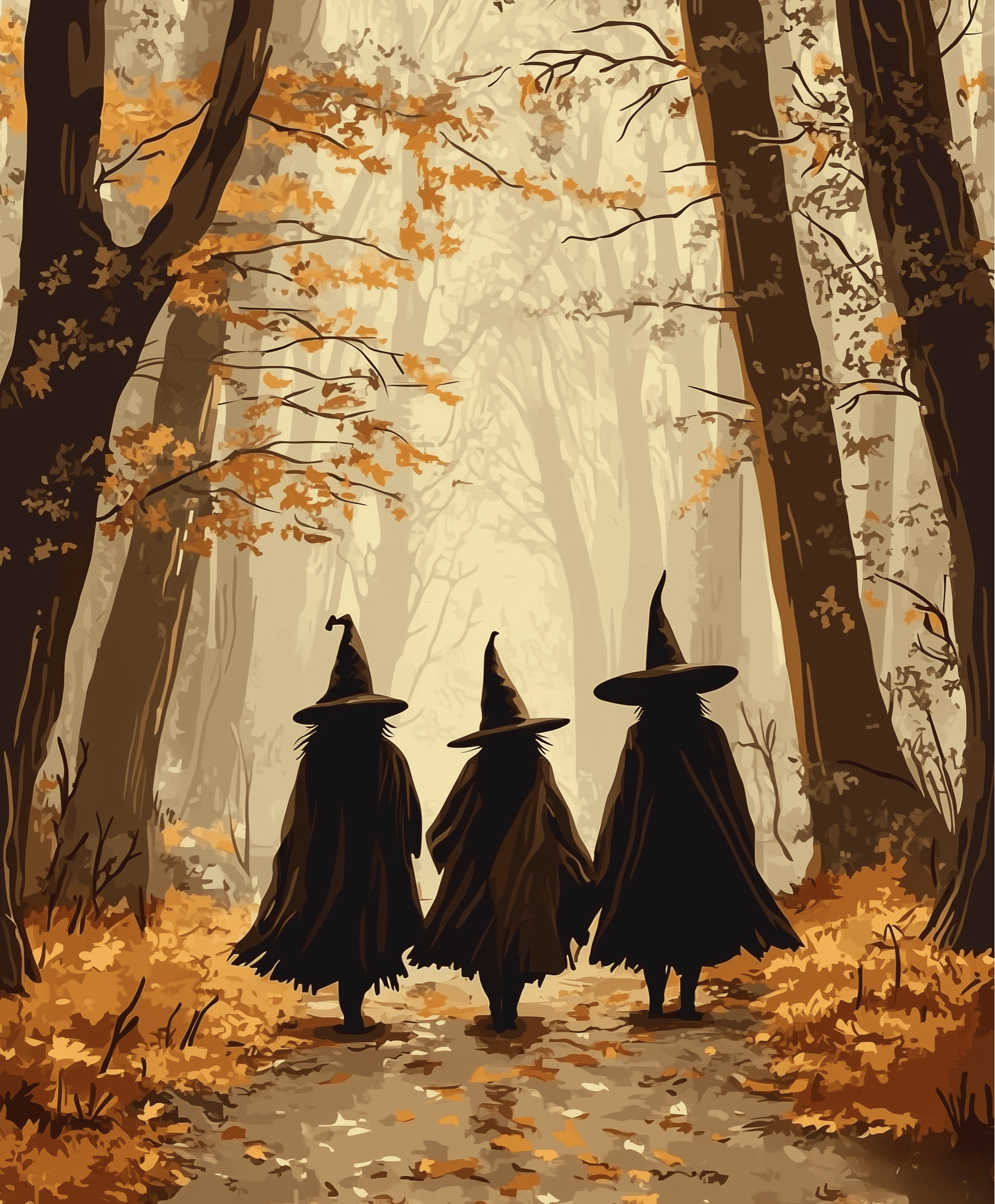 A paint by numbers kit depicting three silhouetted figures, resembling witches, walking in an autumn forest.