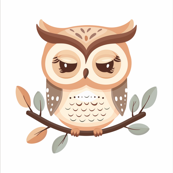 A paint by numbers kit depicting an owl with closed eyes perched on a branch with leaves.