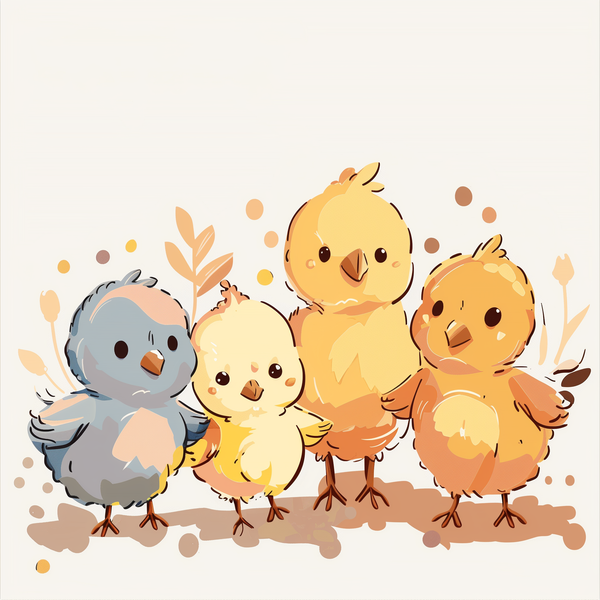 A paint by numbers kit depicting a group of colorful chicks on a white background.