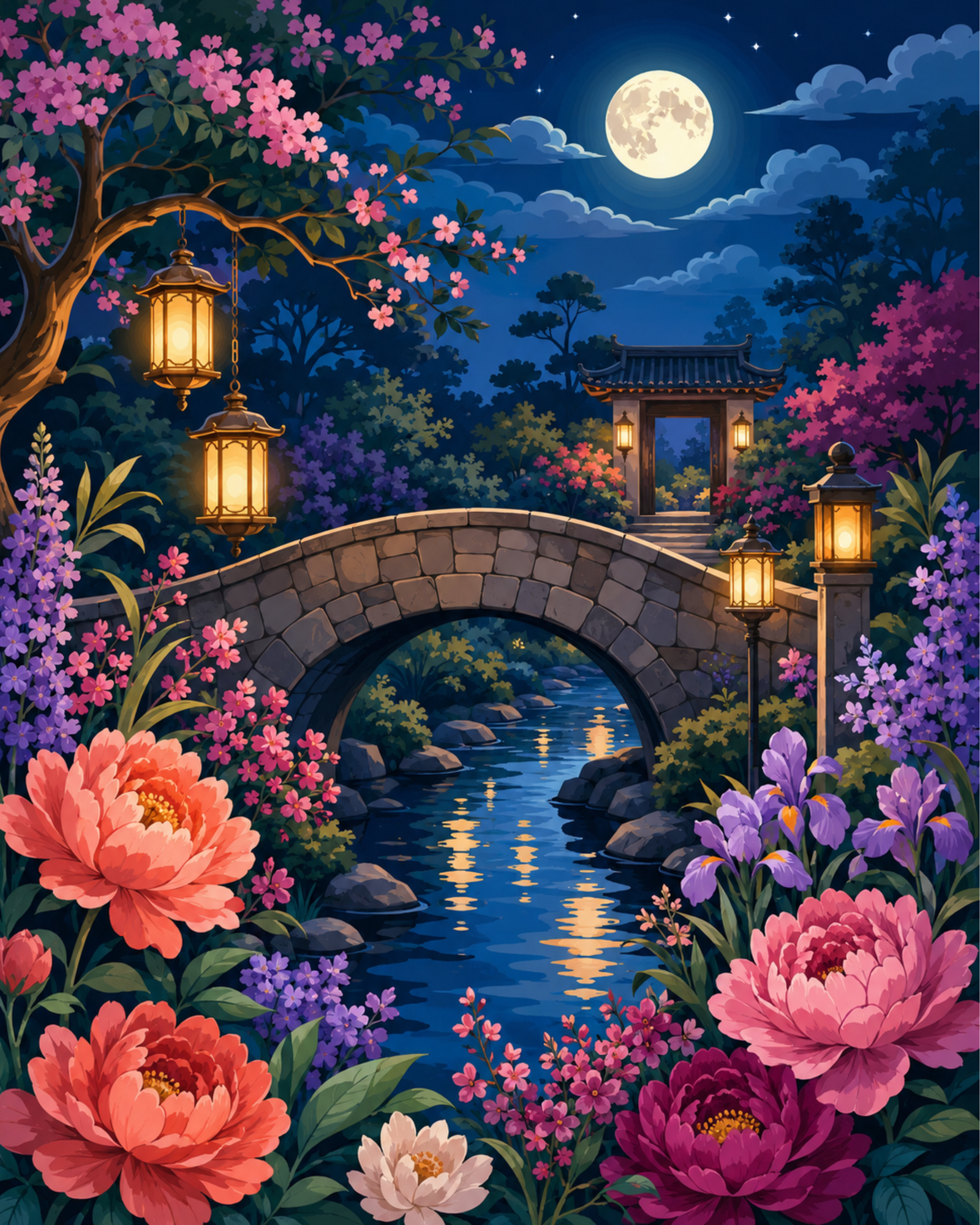 Gärten bei Nacht mit Steinbrücke, Blumen und Laternen