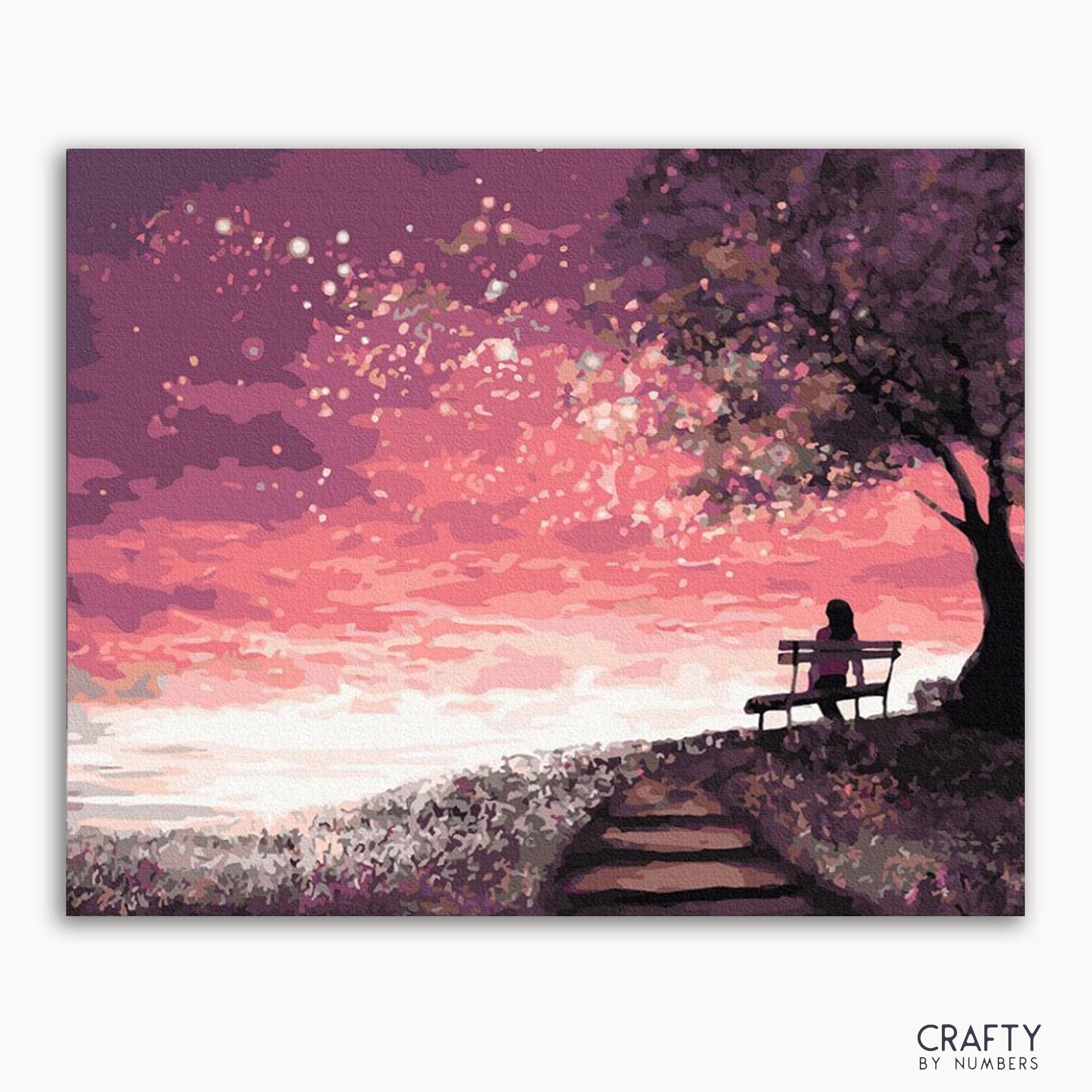 A painting depicting a person sitting on a bench under a tree during twilight, with a sky filled with stars.