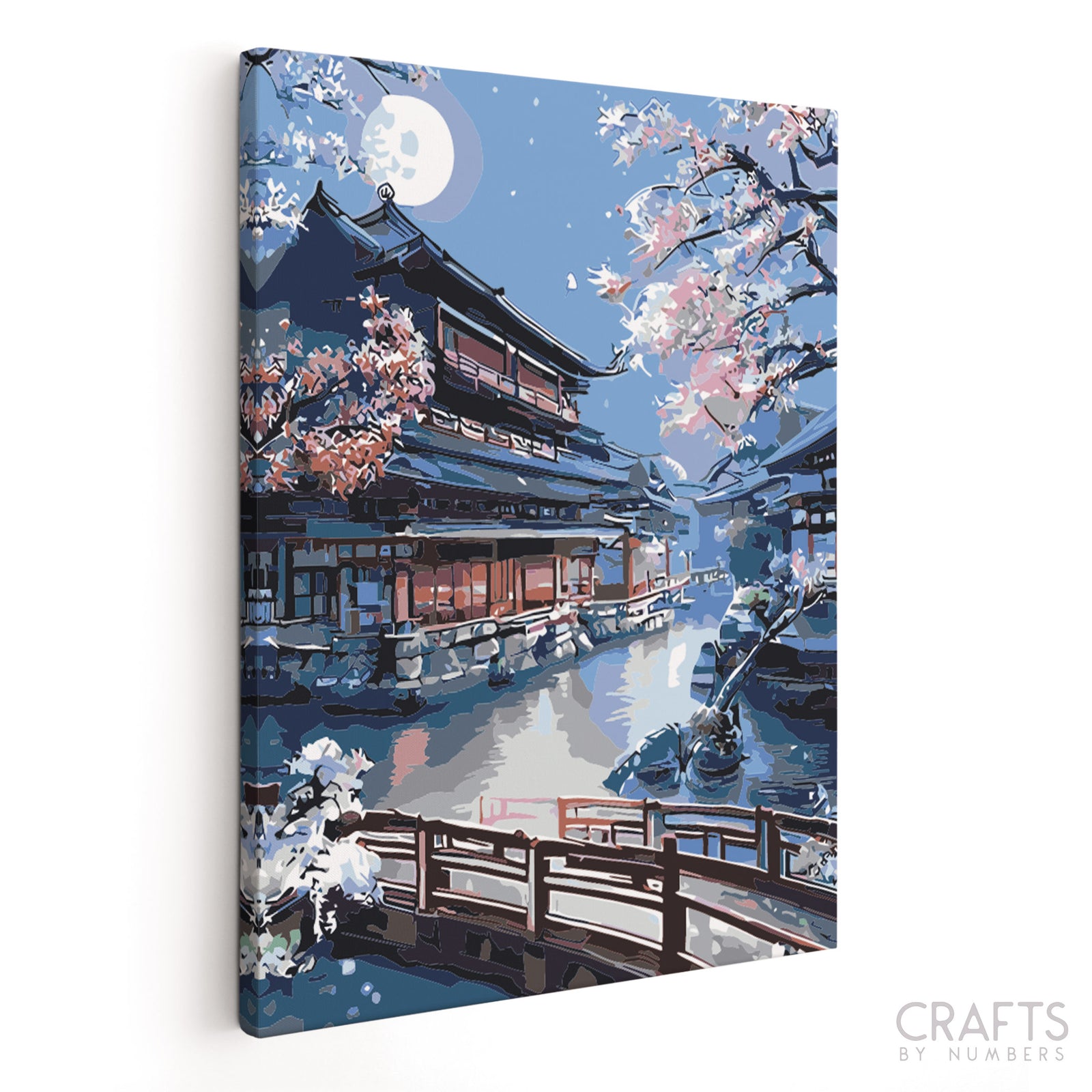 A paint by numbers kit depicting a Kyoto Shrine scene with cherry blossoms and traditional Japanese architecture.
