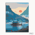 A vibrant painting depicting a mountainous landscape with a house perched atop a mountain, a body of water in the foreground, and a colorful sky with a sun setting or rising.