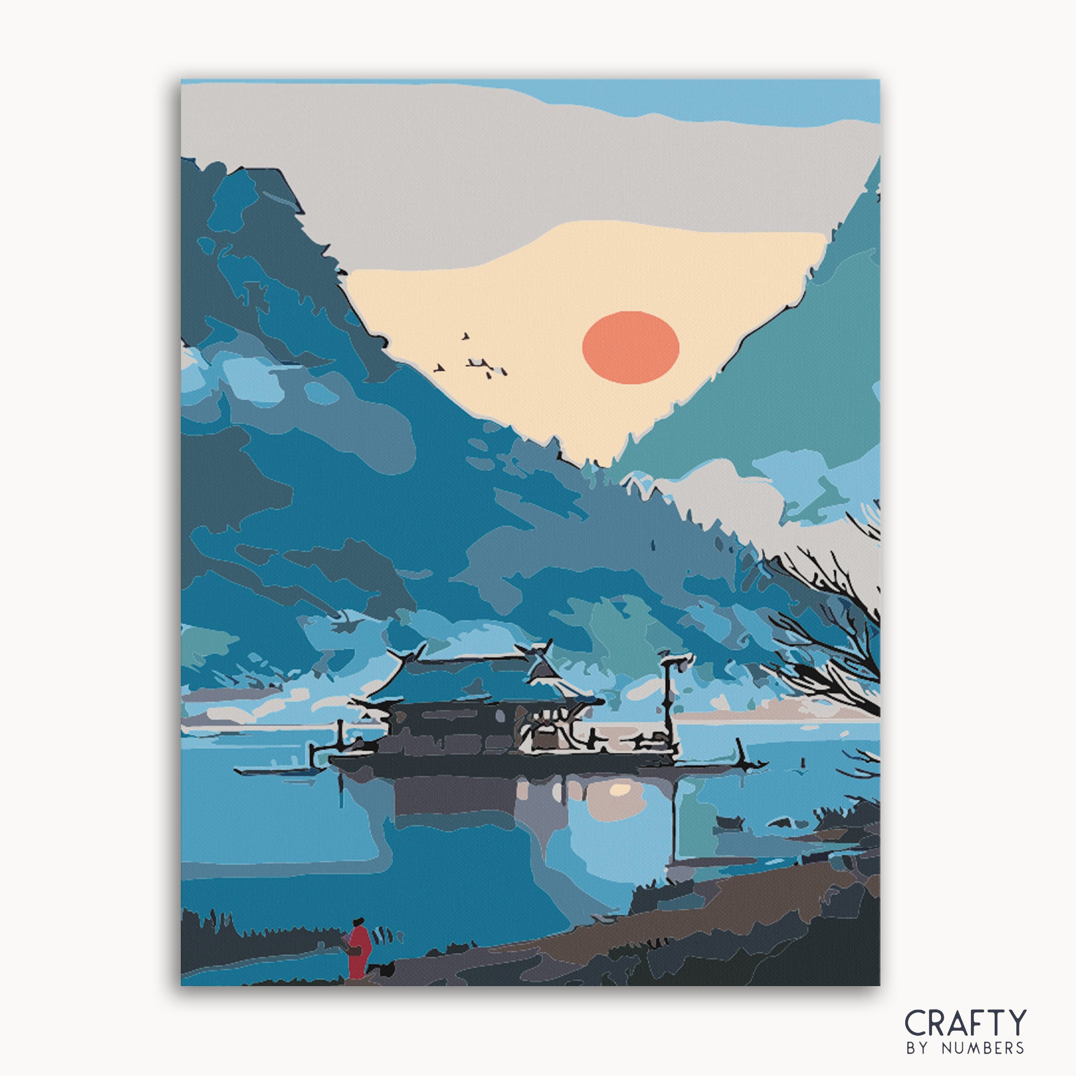 A vibrant painting depicting a mountainous landscape with a house perched atop a mountain, a body of water in the foreground, and a colorful sky with a sun setting or rising.