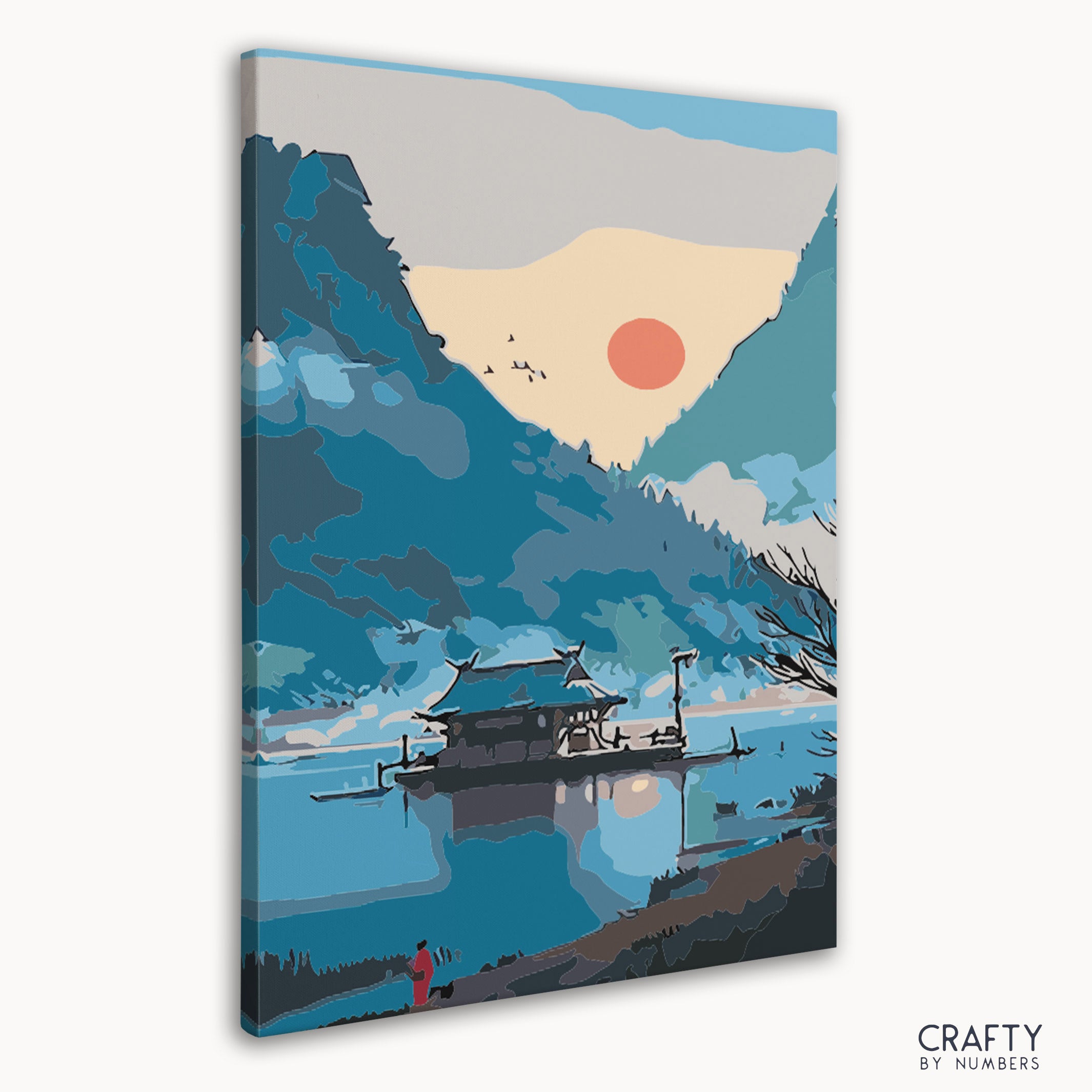 Paint by numbers canvas featuring mountain oasis with palm trees