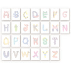 Alphabet letters from A to Z with colorful character designs on a white background