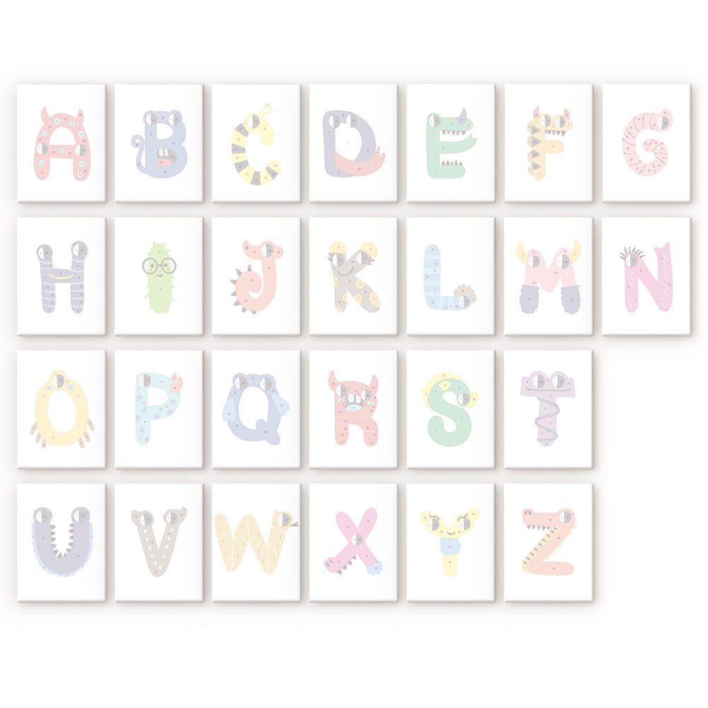 Alphabet letters from A to Z with colorful character designs on a white background