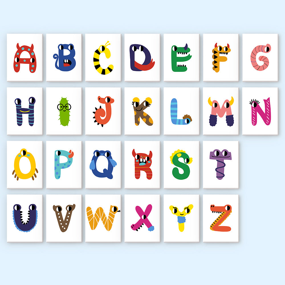 Colorful alphabet letters on a light blue background