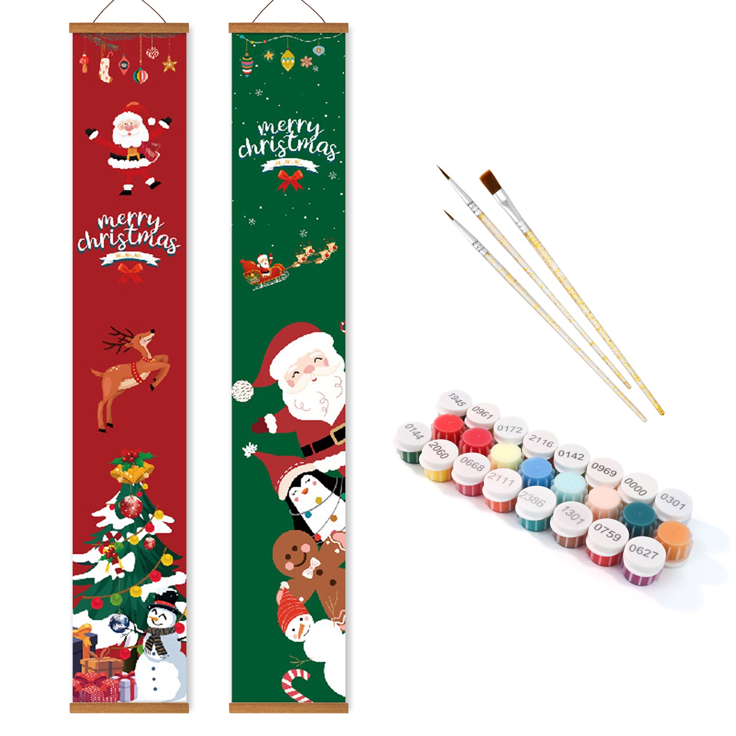Zwei vertikale Weihnachtsbanner mit Weihnachtsmann, Rentier und anderen festlichen Elementen, begleitet von Pinseln und Farbtuben.