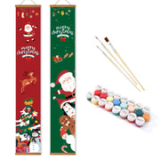 Two Christmas-themed vertical banners with Santa Claus, reindeer, and other festive elements, accompanied by paintbrushes and paint tubes.