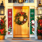 Decorative Christmas wreath on a wooden door with festive banners and plants.