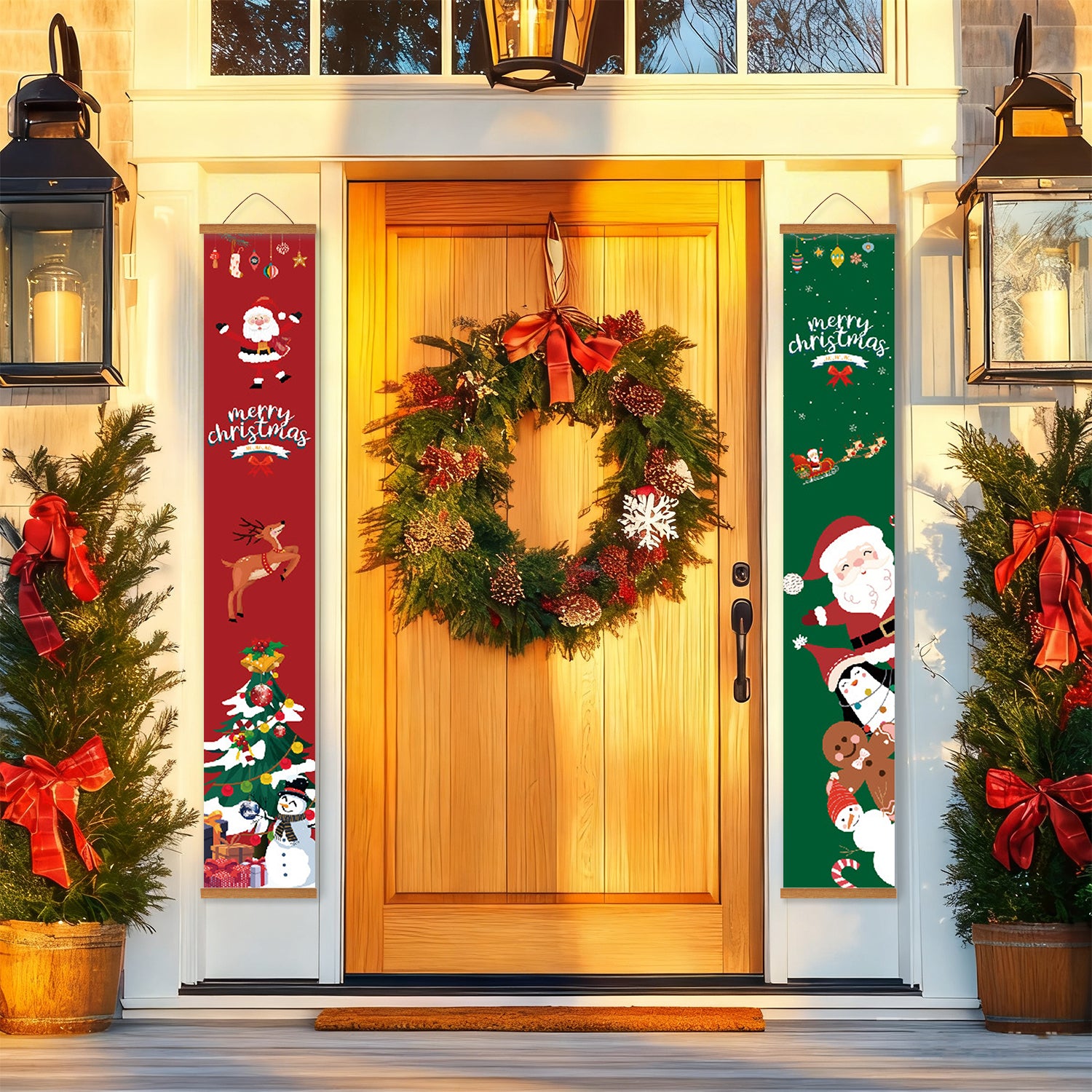 Decorative Christmas wreath on a wooden door with festive banners and plants.
