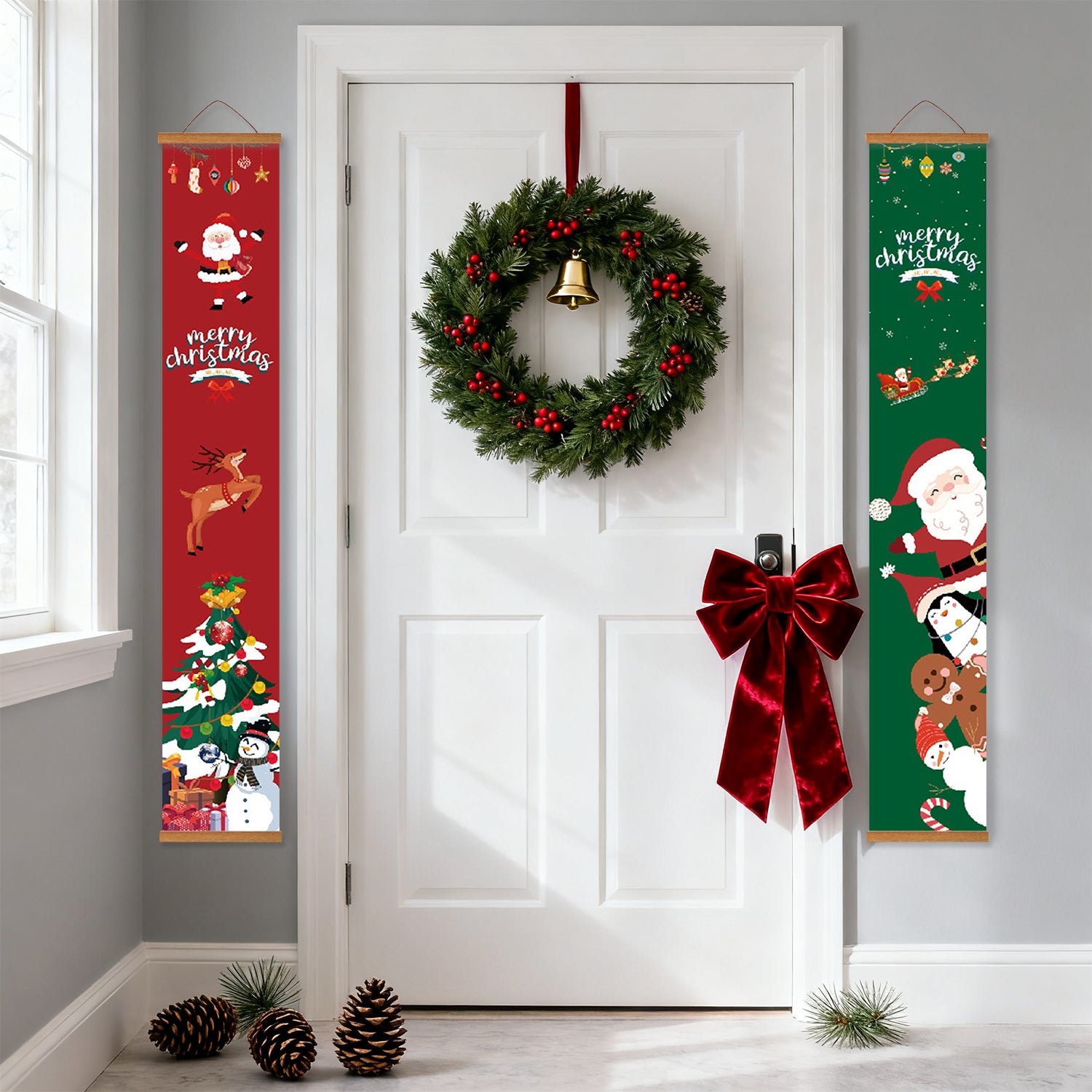 Decorative Christmas wreath with red bow on a white door, flanked by festive vertical banners.