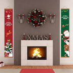 Decorative Christmas scene with a fireplace, wreath, and festive wall hangings.