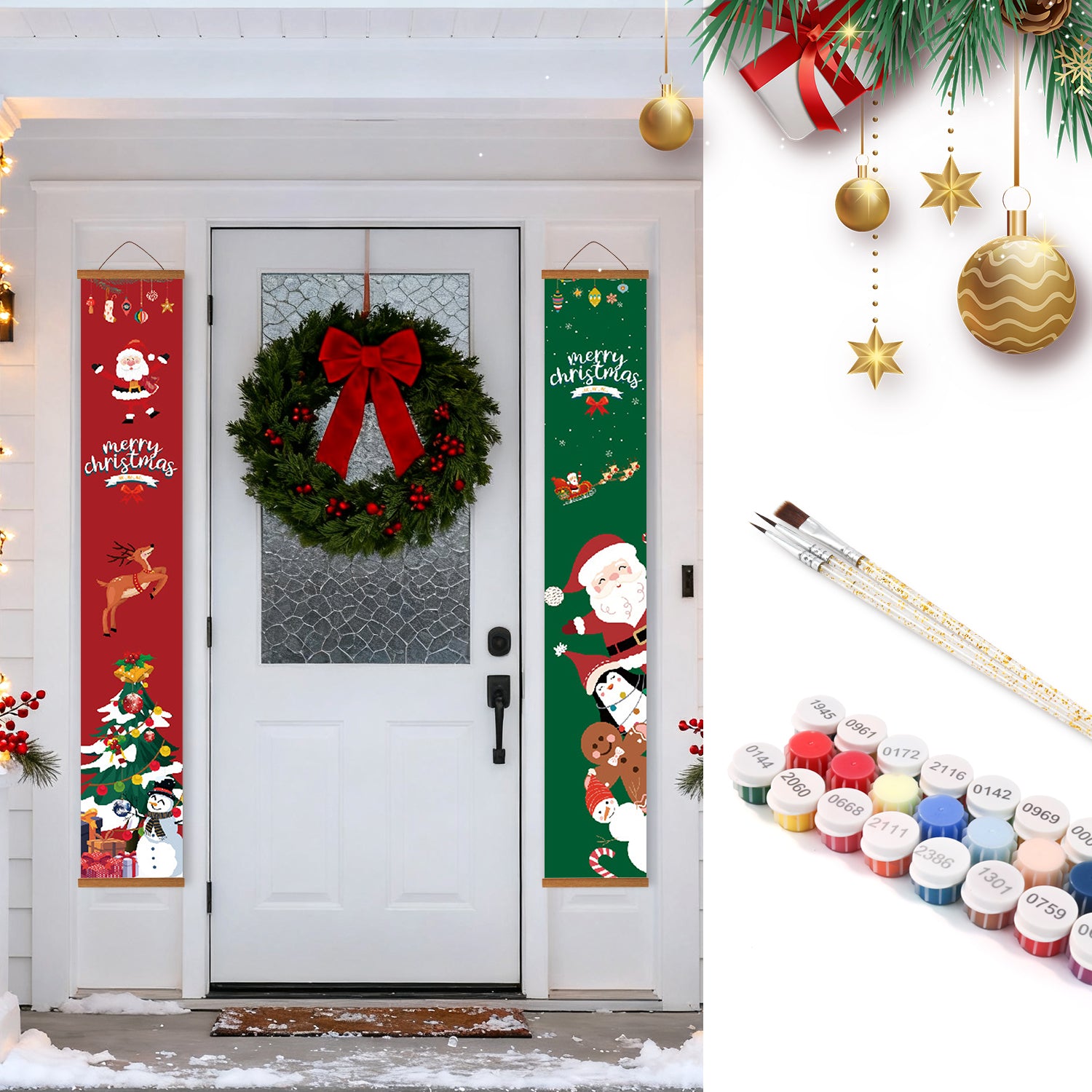 Dekorative Weihnachtsbanner und Kranz an einer Tür mit Weihnachtsschmuck und Farbzubehör.