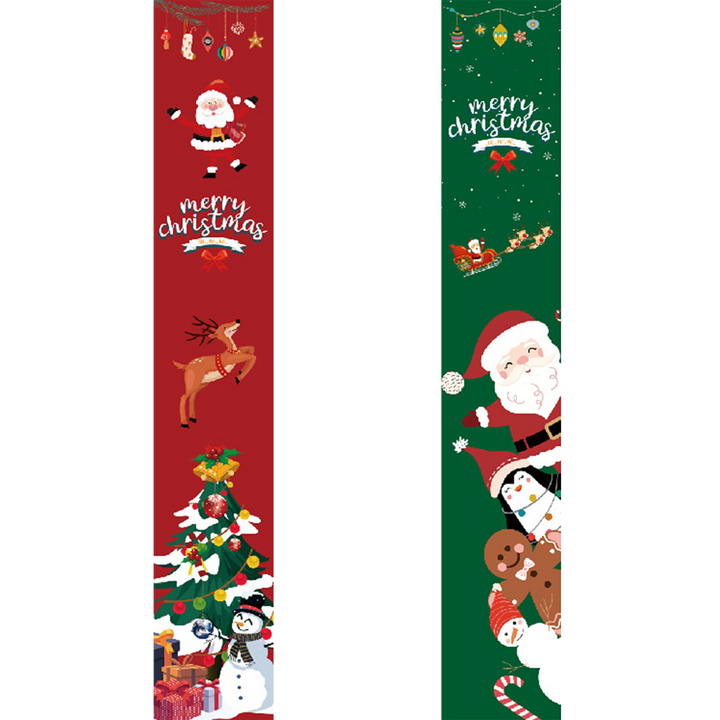 Zwei vertikale weihnachtliche Banner mit Weihnachtsmann, Rentieren und Weihnachtsbäumen auf weißem Hintergrund.