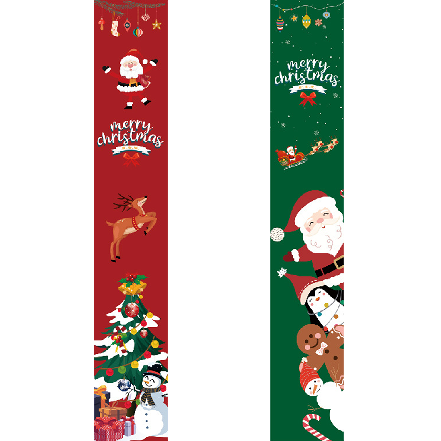 Zwei vertikale weihnachtliche Banner mit Weihnachtsmann, Rentieren und Weihnachtsbäumen auf weißem Hintergrund.