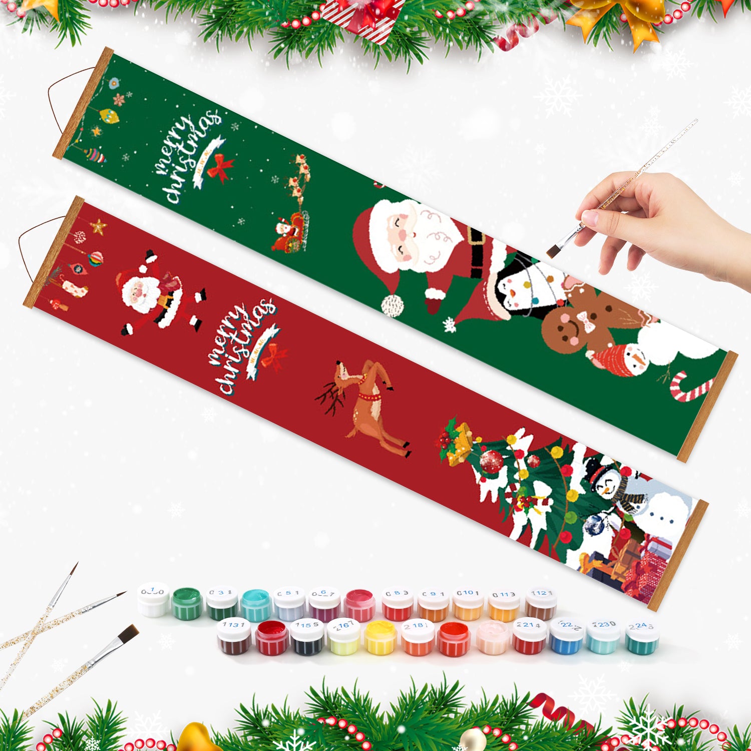 Two Christmas-themed scroll paintings with a hand holding a paintbrush and a set of paint tubes on a white background.