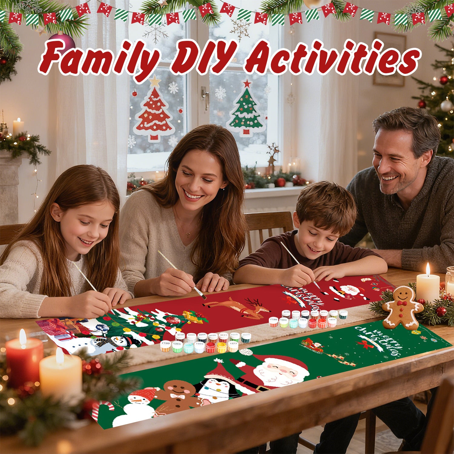 Family engaged in a DIY craft activity with Christmas decorations around them.
