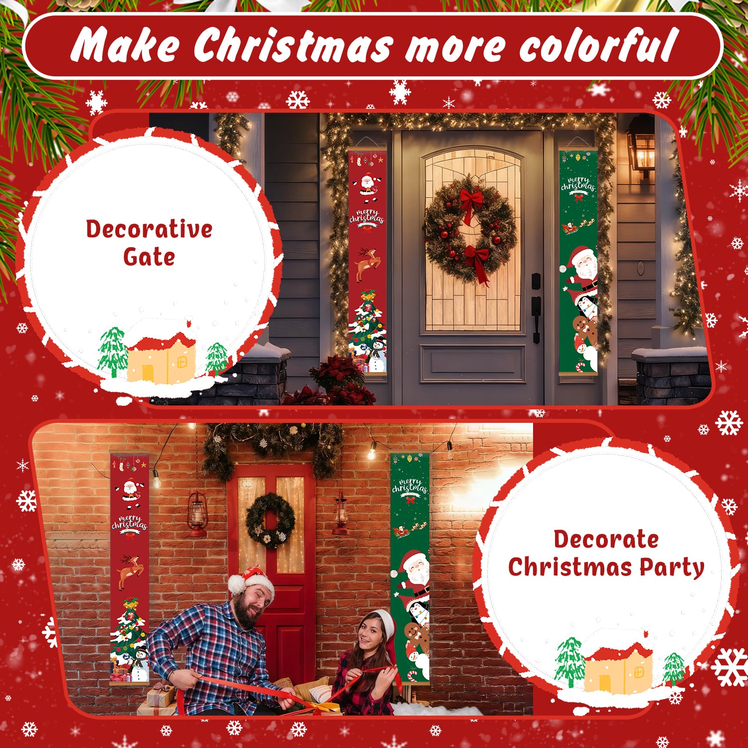 Decorative Christmas gate with festive decorations and people celebrating.