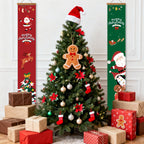 Decorated Christmas tree with ornaments and presents, flanked by festive wall hangings.