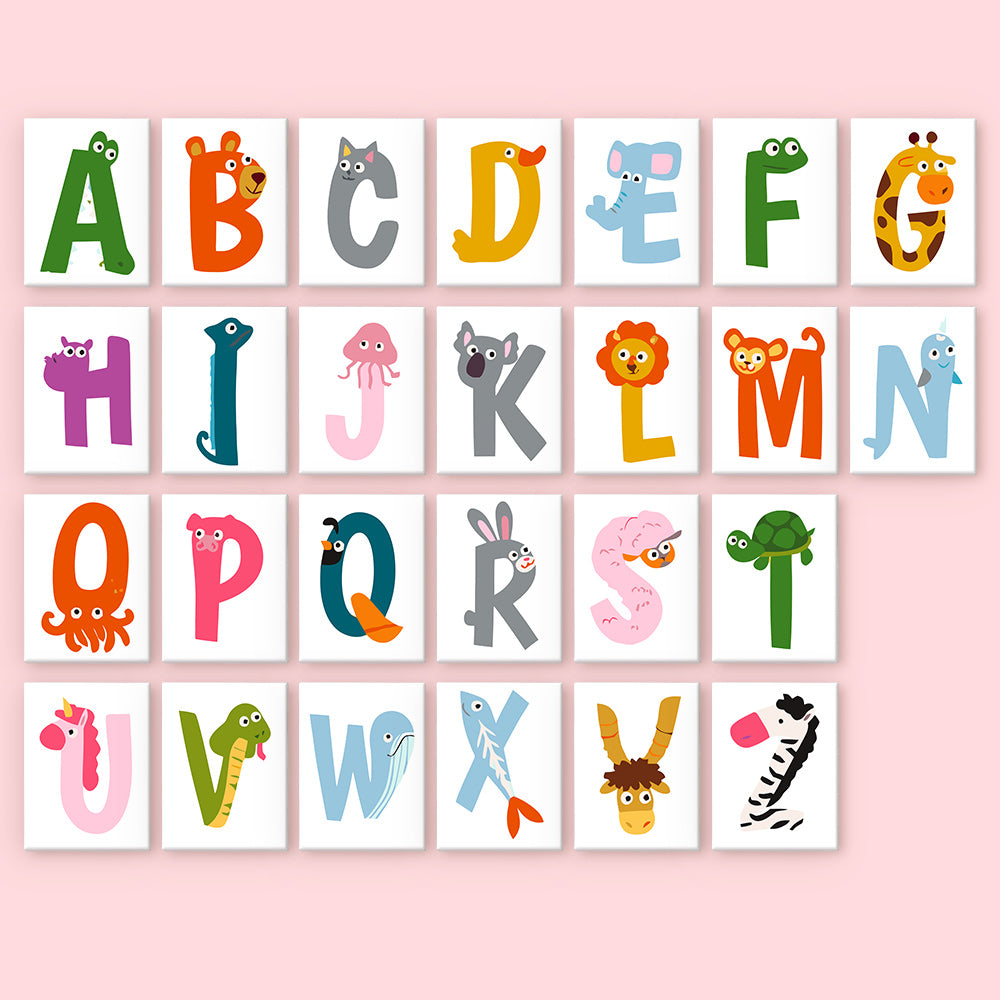 Alphabet letters with animal illustrations on a pink background